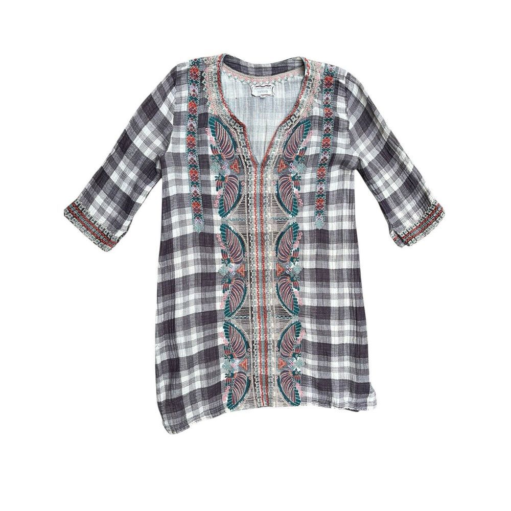Johnny Was Workshop Nena Plaid Gauze Cotton Embroidered Tunic Top, Size‎ Small